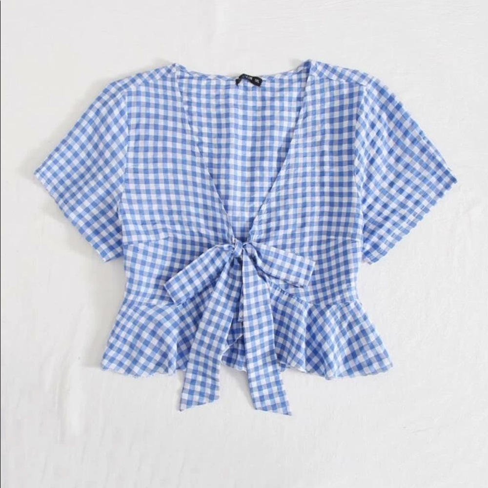 SHEIN Plus Tie Front Ruffle Hem Gingham Top